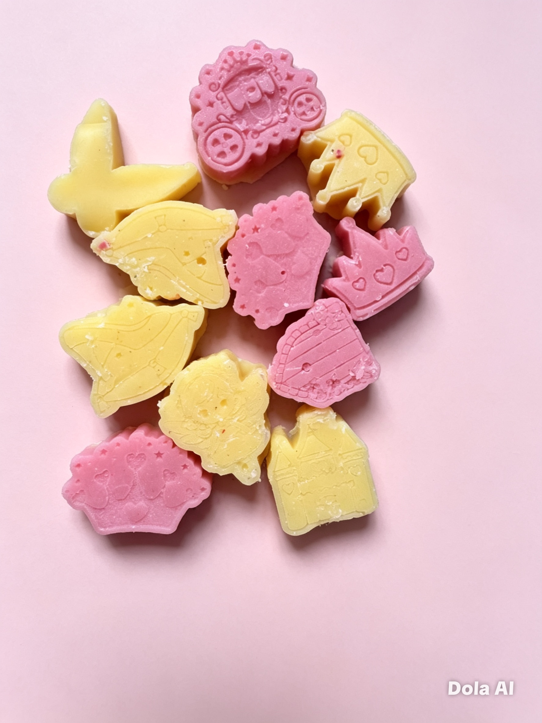 A collection of pastel pink and yellow wax melts shaped like a butterfly, a wing, a crown, a castle, and a carriage, arranged on a solid pink background.
