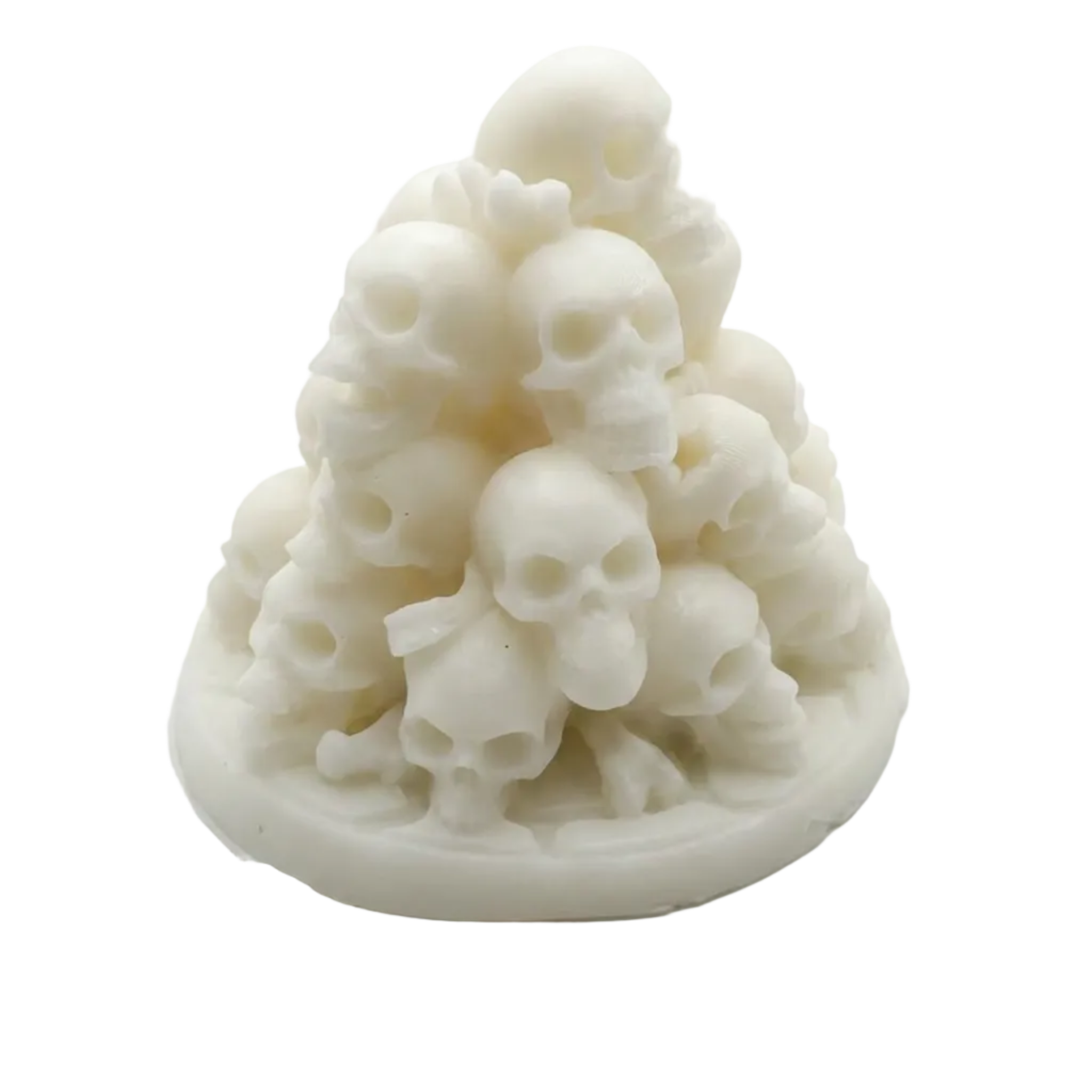A white candle featuring a detailed pile of small skulls and bones on a circular base, photographed on a seamless white background.