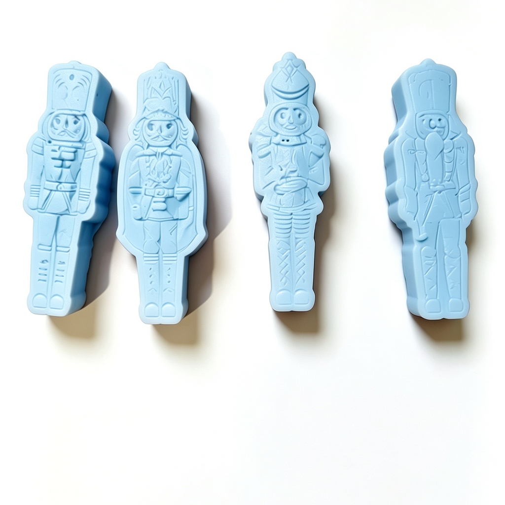Four blue  wax melt soldier figurines on a white background