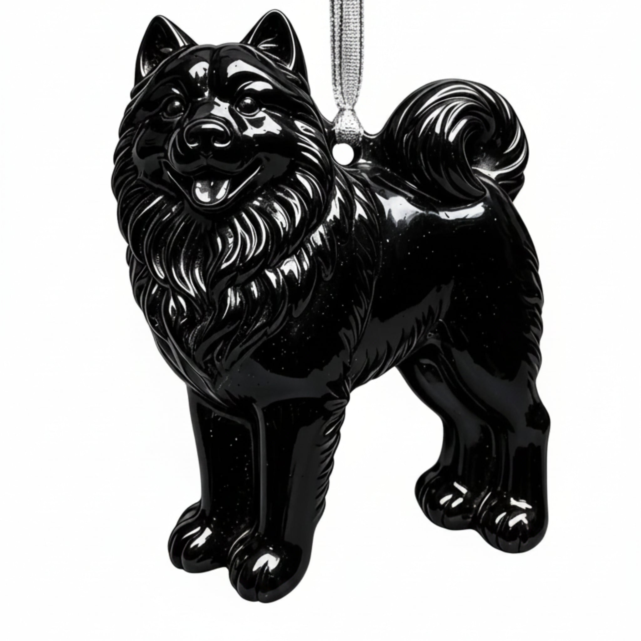A glossy black dog-shaped ornament, shaped like an Akita Inu, hanging from a silver string against a white background, with a size text overlay at the bottom. WAX MELT
