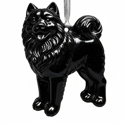 A glossy black dog-shaped ornament, shaped like an Akita Inu, hanging from a silver string against a white background, with a size text overlay at the bottom. WAX MELT