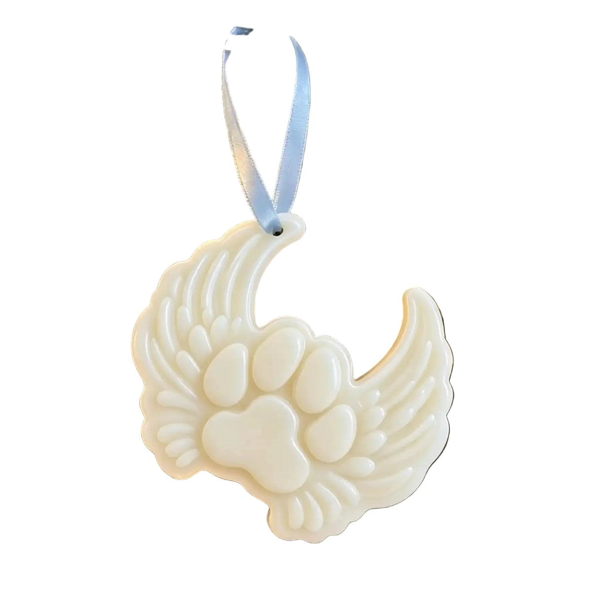 White angel wing ornament on a decorated Christmas tree with measurements and brand name.