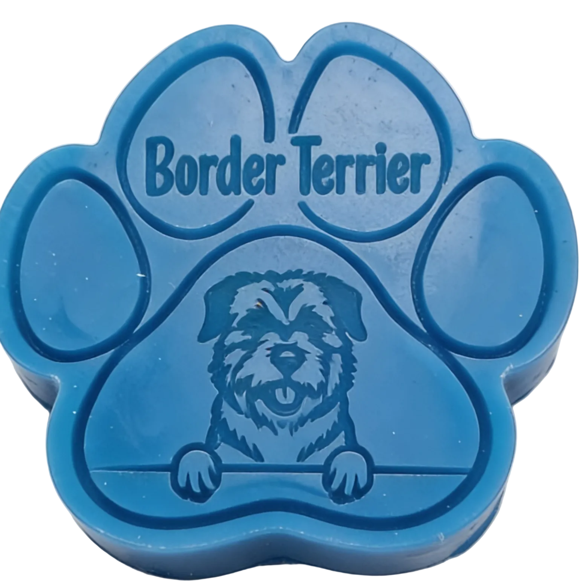 A blue paw-shaped wax melt featuring an embossed Border Terrier dog design and the words 'Border Terrier' on the top pad, photographed on a plain light background.