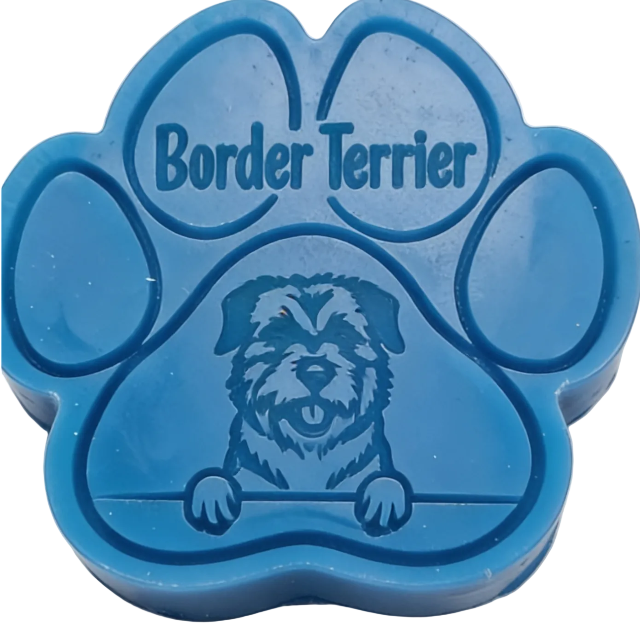 A blue paw-shaped wax melt an engraved Border Terrier dog illustration and the text 'Border Terrier' on a plain white background. also have golden doodle and many more please take a look