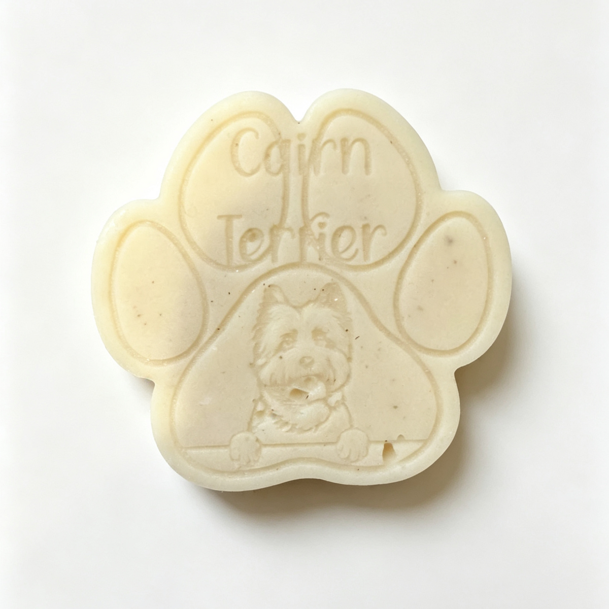 A paw-shaped cream-colored wax melt featuring an embossed West Highland Terrier dog and the text 'Cairn Terrier' on a plain white background.
