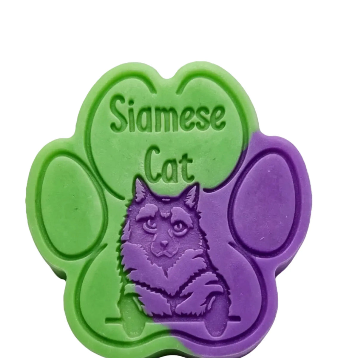A paw-shaped  WAX MELT featuring a split green and purple design, with an embossed Siamese cat illustration in the center.