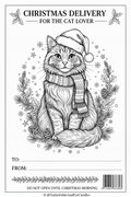 A black and white Christmas-themed gift label or tag featuring an illustrated cat wearing a Santa hat and patterned scarf, surrounded by pine branches, snowflakes, and holiday decorations. The top reads 'CHRISTMAS DELIVERY FOR THE CAT LOVER,' with fields for 'TO:' and 'FROM:' and a barcode at the bottom.