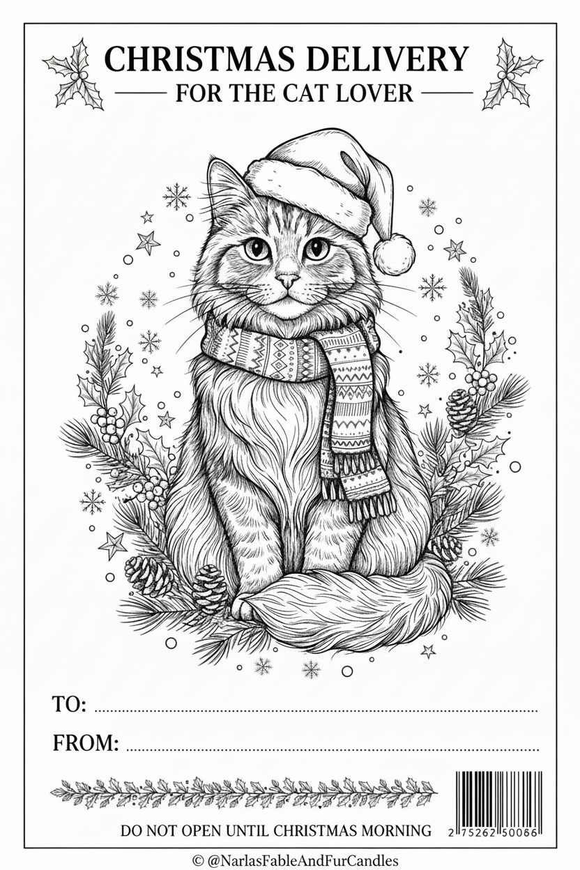 A black and white Christmas-themed gift label or tag featuring an illustrated cat wearing a Santa hat and patterned scarf, surrounded by pine branches, snowflakes, and holiday decorations. The top reads 'CHRISTMAS DELIVERY FOR THE CAT LOVER,' with fields for 'TO:' and 'FROM:' and a barcode at the bottom.