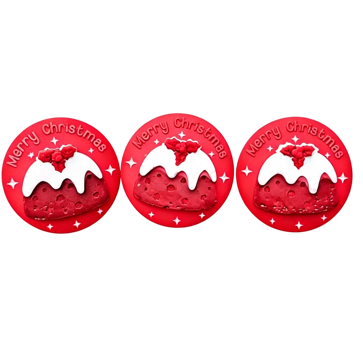 Three round red Christmas-themed wax melts set of 3  with white cutout designs and the text 'Merry Christmas' on a plain white background.
