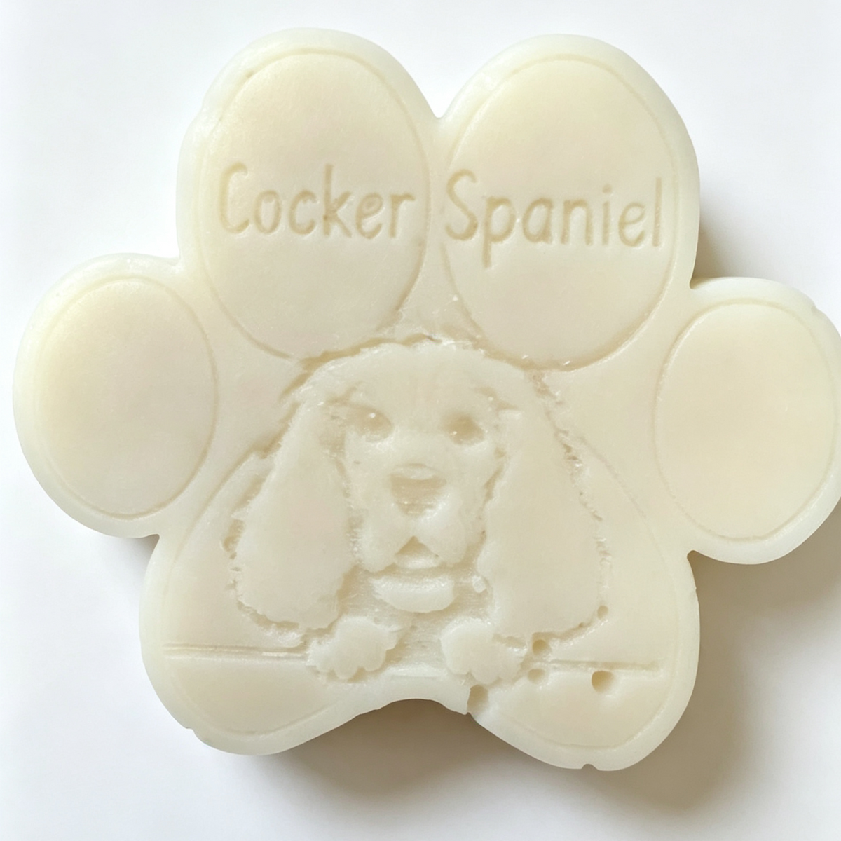 A custom pet memorial wax melt shaped like a Cocker Spaniel paw print, featuring an embossed dog face and the engraved text 'Cocker Spaniel' on the top pad, shown on a plain white background.