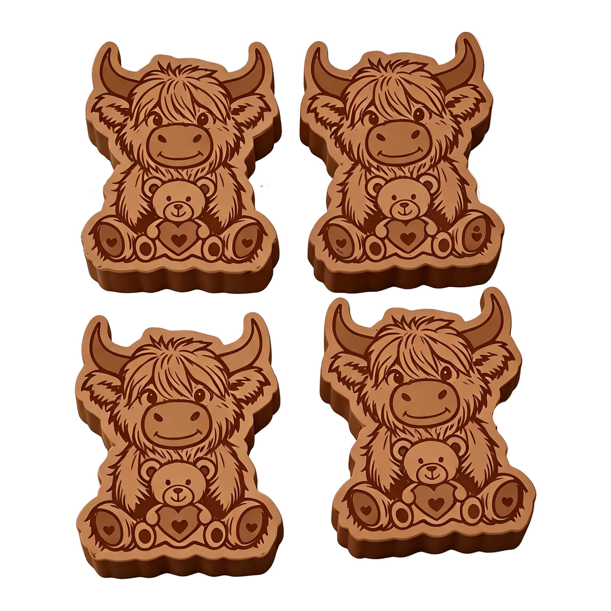 Four cartoon-style brown cow-shaped wax melts arranged in a 2x2 grid on a white and gray checkered background. Each cow cookie holds a small teddy bear with a heart on its chest.