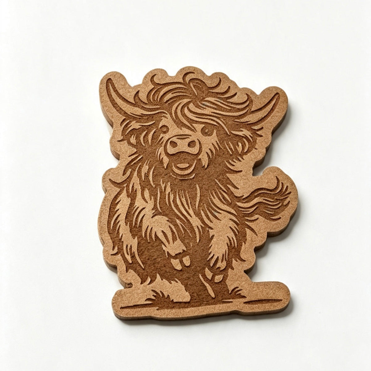 wax melt Highland cow ornament or plaque, showcasing a detailed engraved design of a shaggy cow on a plain white background.