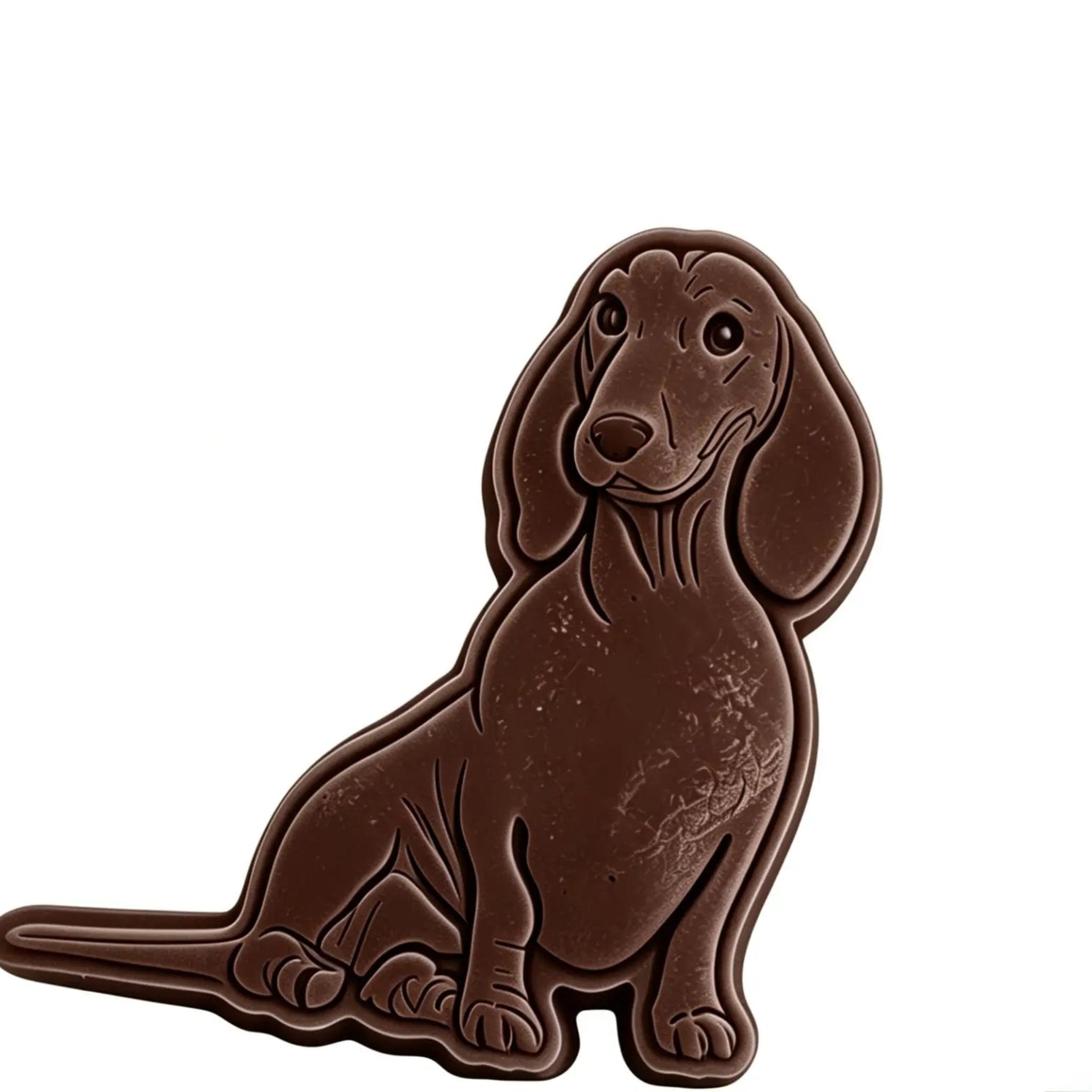 Chocolate dachshund with dimensions 85mm x 73mm on a white background