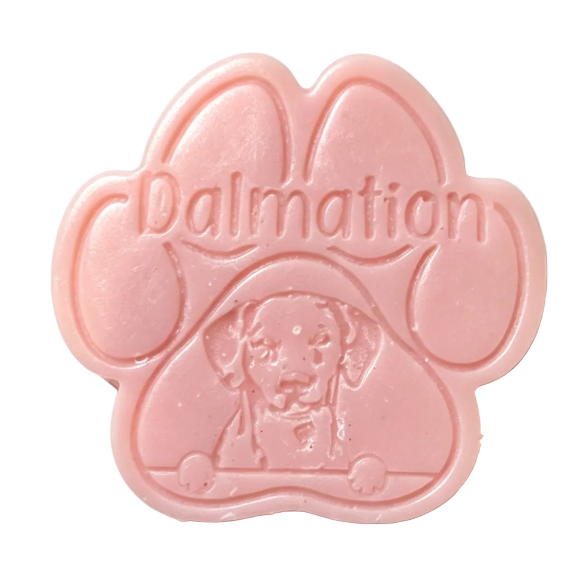 A pink paw-wax melt bar embossed with the word 'Dalmatian' and a Dalmatian dog face, photographed on a plain white background.