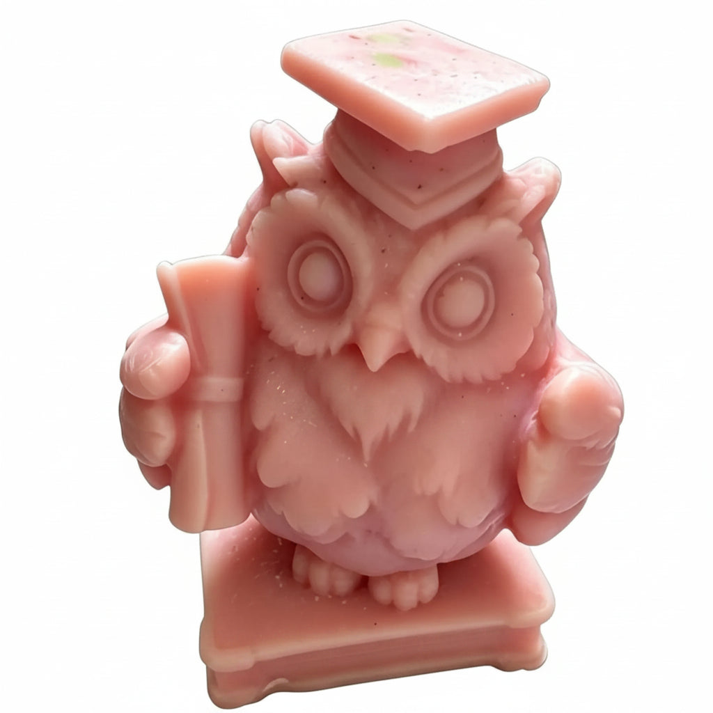 A pink owl figurine wearing a graduation cap and holding a book, shown on a plain white background with white text overlay reading '8cm high x 5cm wide'. CANDLE
