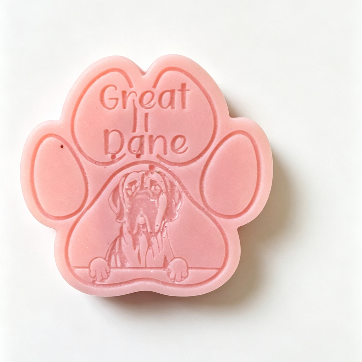 A pink paw-shaped Wax Melt  featuring an embossed Great Dane illustration and the text 'Great Dane'bar on a clean white background.