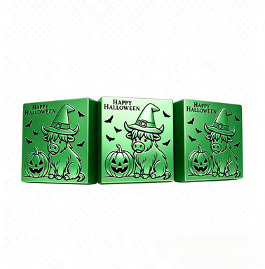 Three green rectangular boxes with Halloween-themed embossed designs, featuring a witch cat weHalloween Blocks
