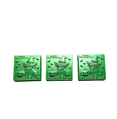 Three square green Halloween-themed decorative wax melt  designs of a witch cat, jack-o'-lantern, bats, and the words 'Happy Halloween', shown on a transparent checkered background.
