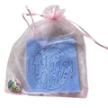 A light blue square WAX MELT bar embossed with 'Birthday Girl' and a crown, packaged inside a sheer pink organza drawstring bag with a small round 'Happy Birthday' pin on the front, set against a plain white background.
