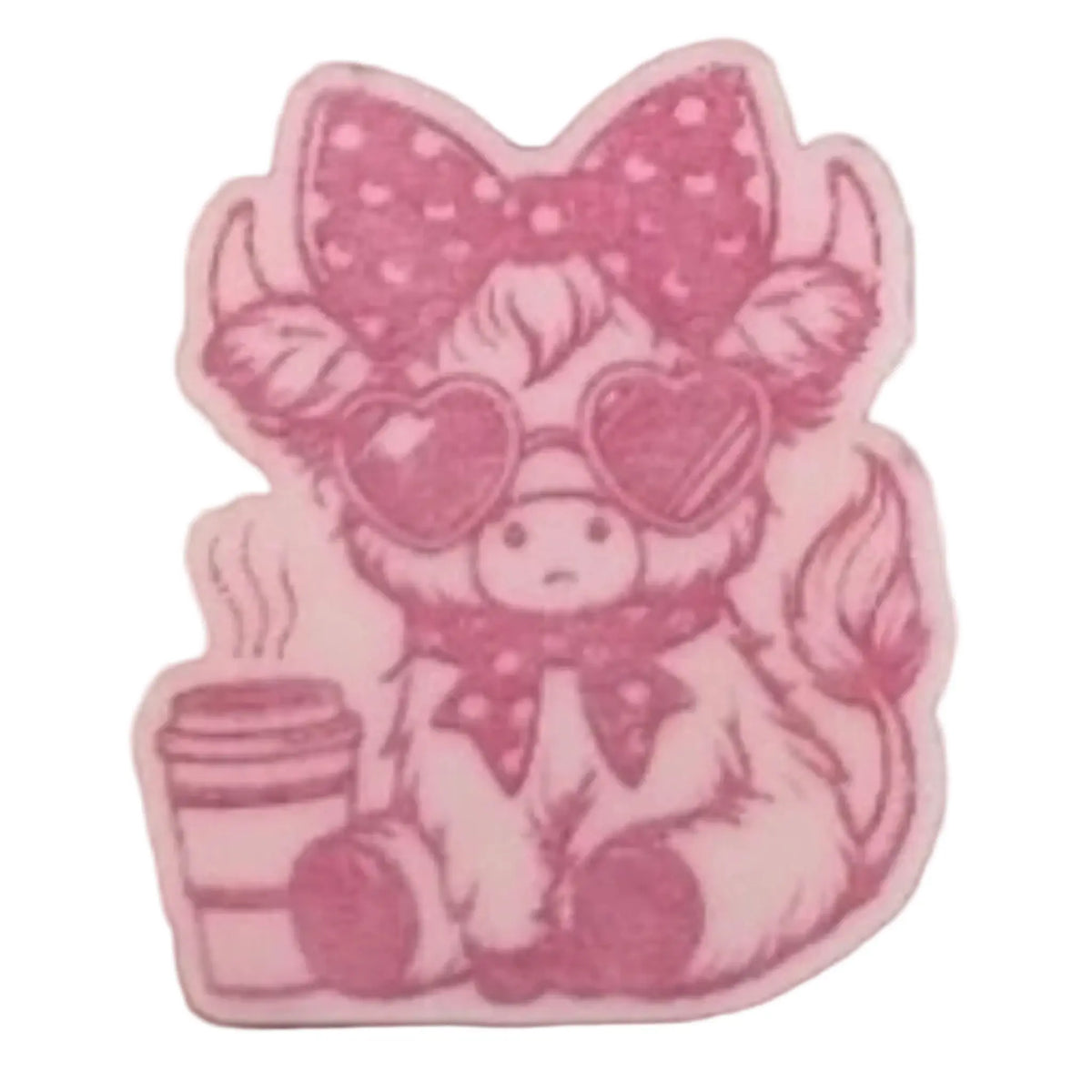 A die-cut sticker featuring a cute cartoon cow wearing pink heart-shaped sunglasses, a polka-dot bow, and a polka-dot scarf, holding a coffee cup next to a steaming mug, on a plain white background. WAX MELTS