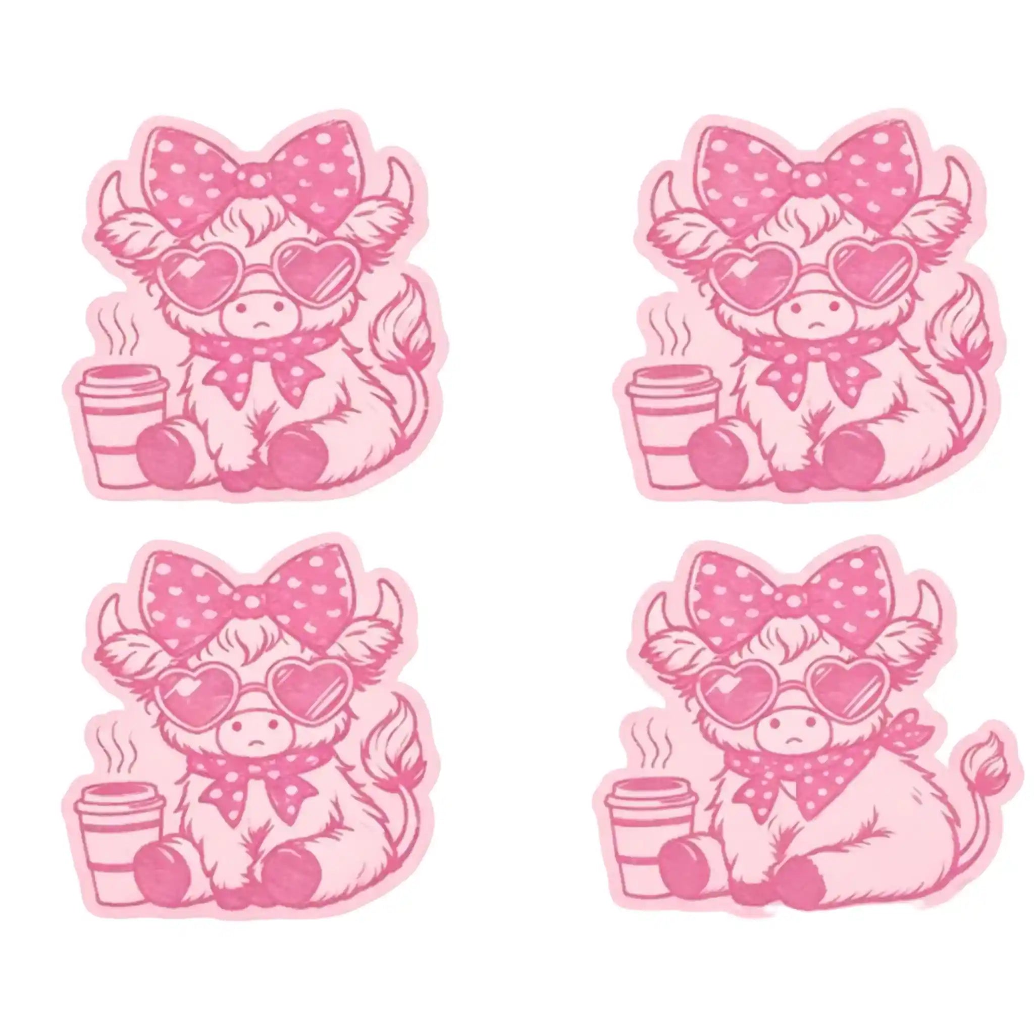 Four identical pink cartoon cow stickers arranged in a 2x2 grid on a white background. Each cow wears heart-shaped sunglasses, a polka-dot bow, a bandana, and holds a coffee cup. wax melts
