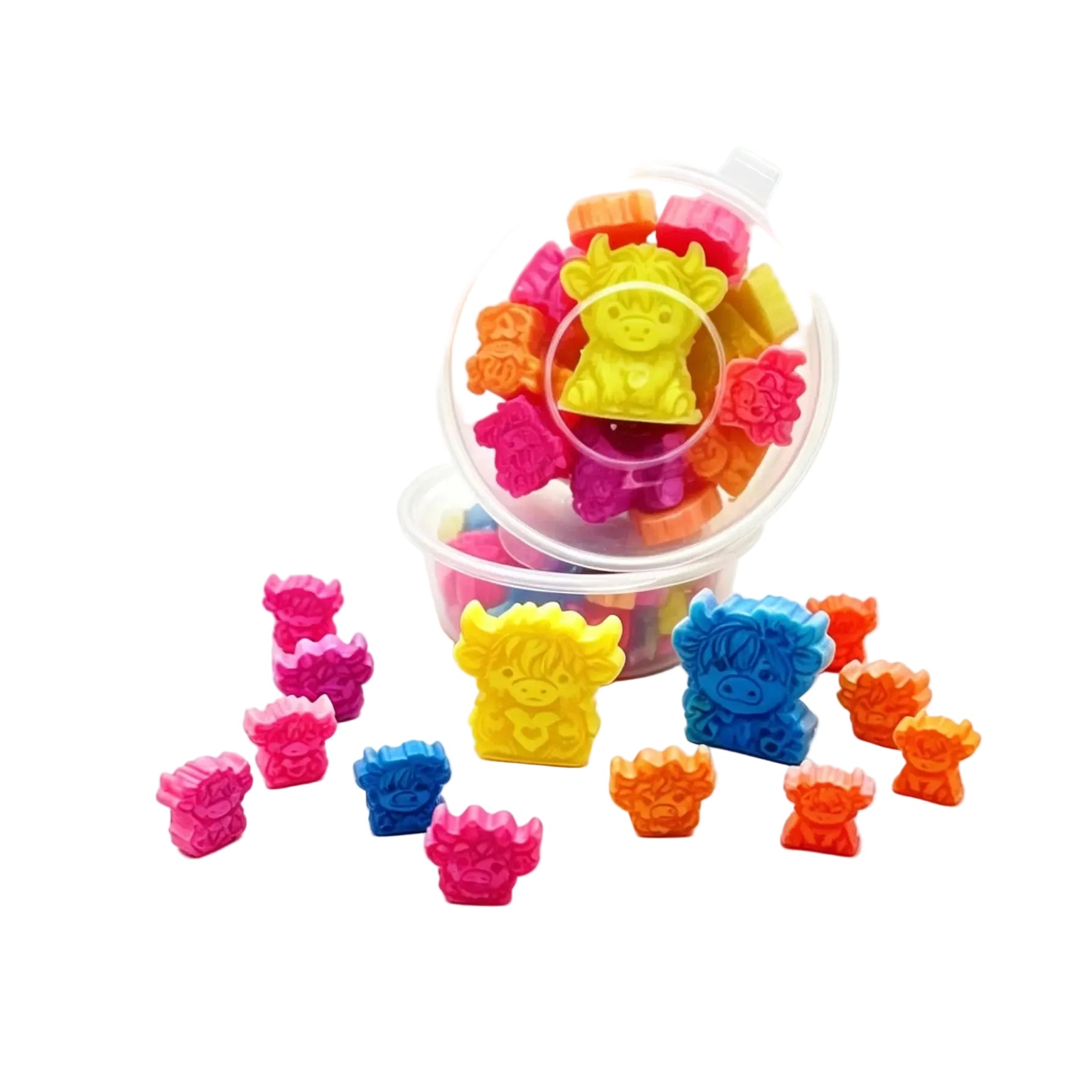 A set of small colorful character-shaped plastic toys or charms displayed on a white background, with several pieces scattered in front and a clear round container holding more pieces behind them. wax melts scoopies