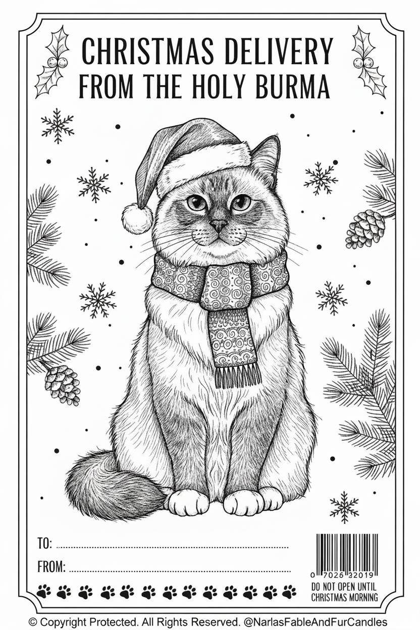 A black and white Christmas-themed cat illustration with a Santa hat and patterned scarf, surrounded by snowflakes, pine branches, and holly leaves. The top reads 'CHRISTMAS DELIVERY FROM THE HOLY BURMA' with fields below for To and From, plus a barcode and paw-print border.