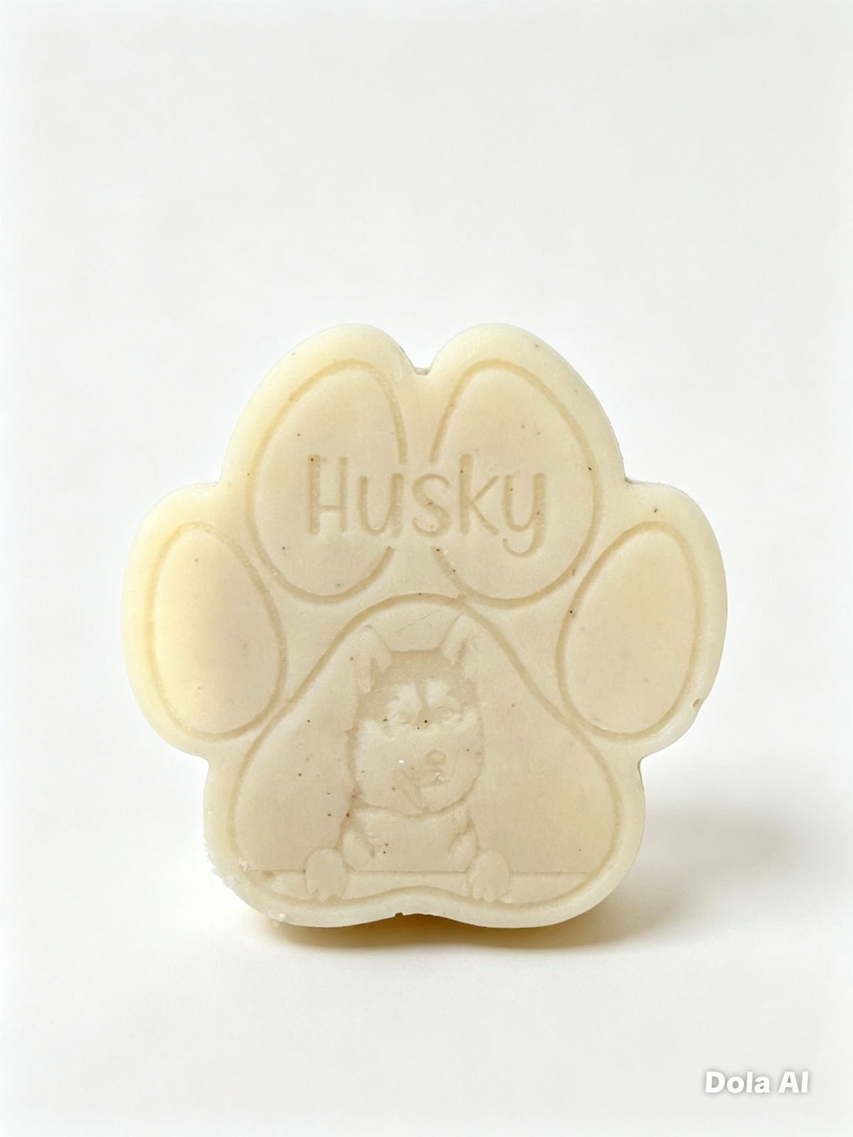 Dog treat shaped like a paw wax melt with 'Husky' branding on a white background