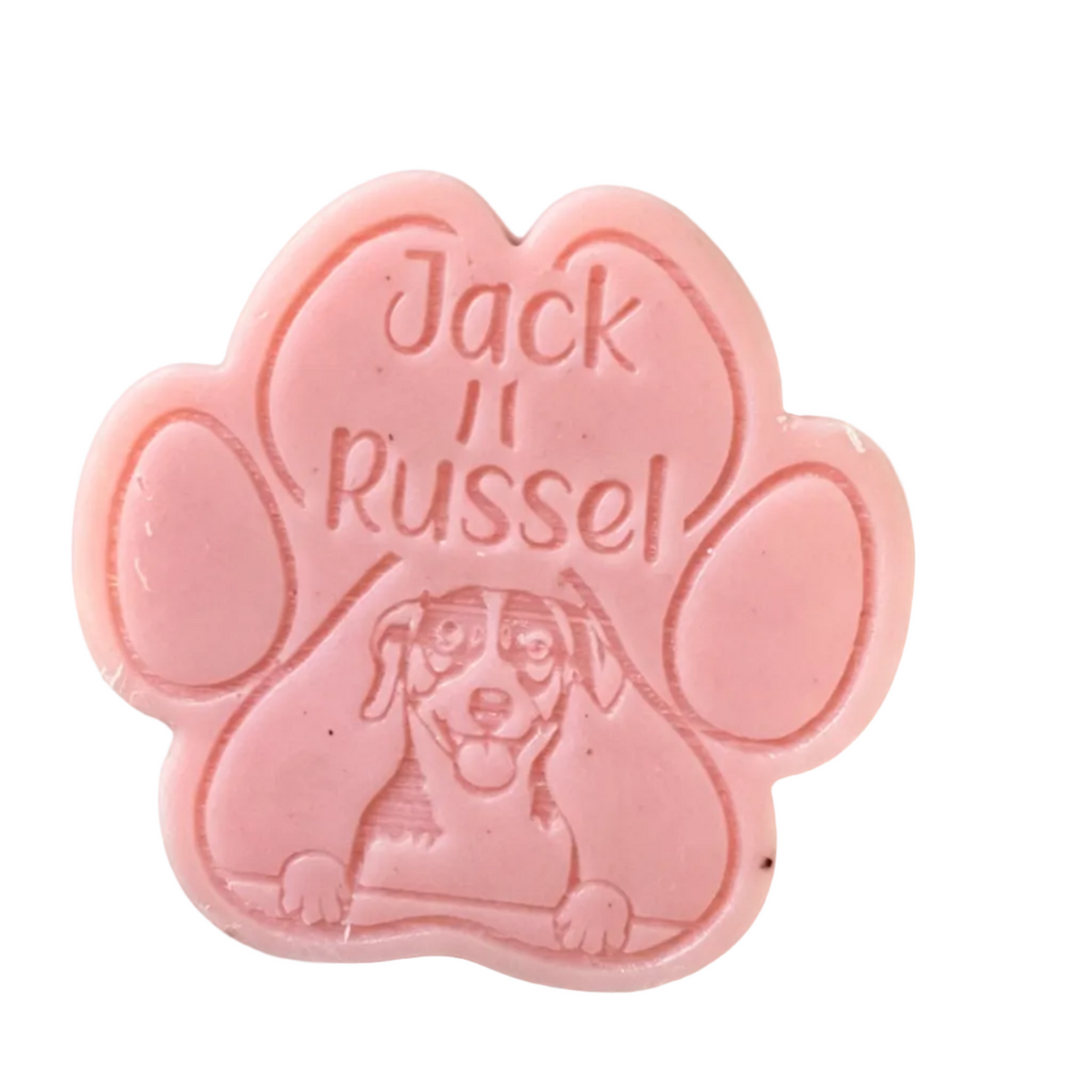 A pink paw-shaped wax Melt featuring the embossed text 'Jack Russell' and an illustration of a dachshund dog, shown on a plain white background.