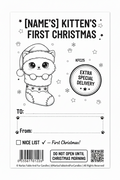 A black and white printable-style Christmas gift tag or note for a kitten's first Christmas, with a cartoon kitten in a Santa hat and stocking, the text '[NAME'S] KITTEN'S FIRST CHRISTMAS,' a circular 'EXTRA SPECIAL DELIVERY' stamp, address fields, a barcode, and a QR code.