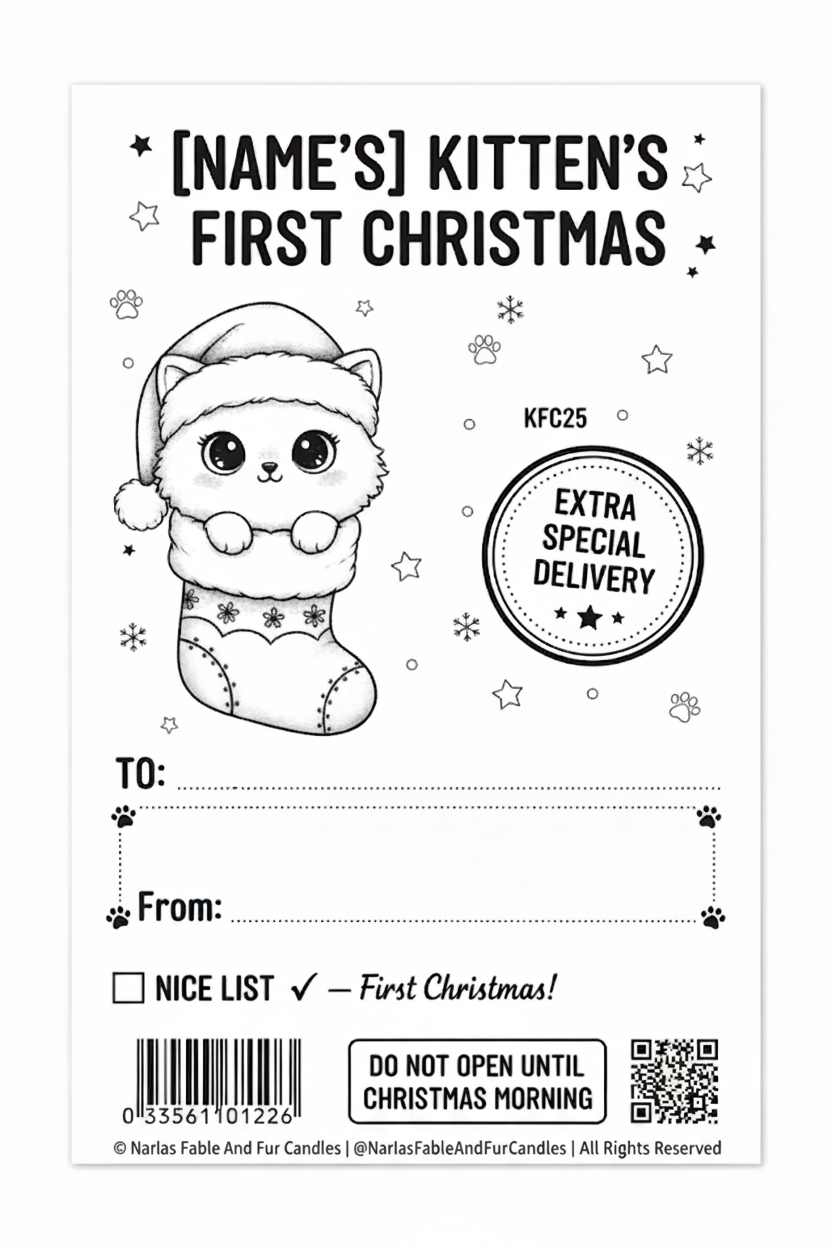 A black and white printable-style Christmas gift tag or note for a kitten's first Christmas, with a cartoon kitten in a Santa hat and stocking, the text '[NAME'S] KITTEN'S FIRST CHRISTMAS,' a circular 'EXTRA SPECIAL DELIVERY' stamp, address fields, a barcode, and a QR code.