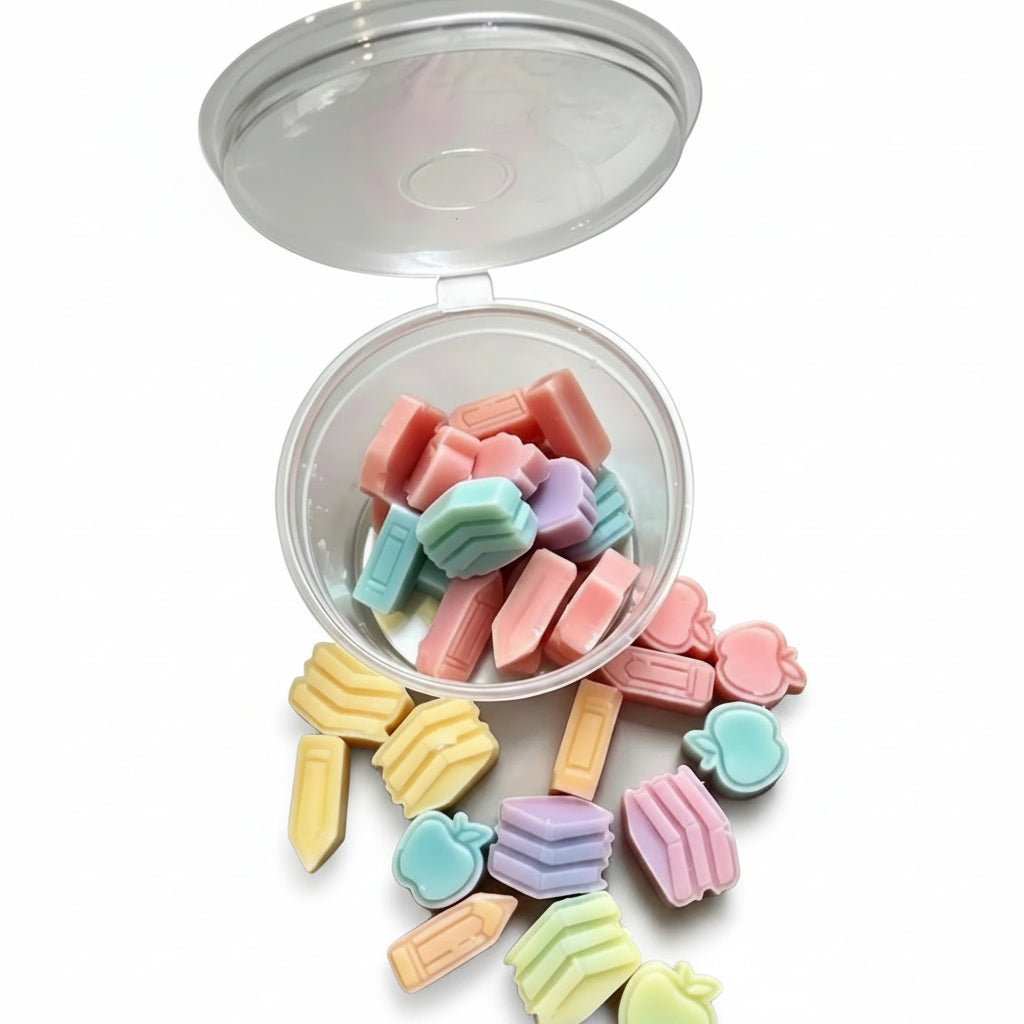 A clear plastic jar with its lid open, filled with pastel candy-like pieces and with several pieces spilled around it on a light gray surface. Text on the image reads 'this is a 1 oz pot'. WAX MELT