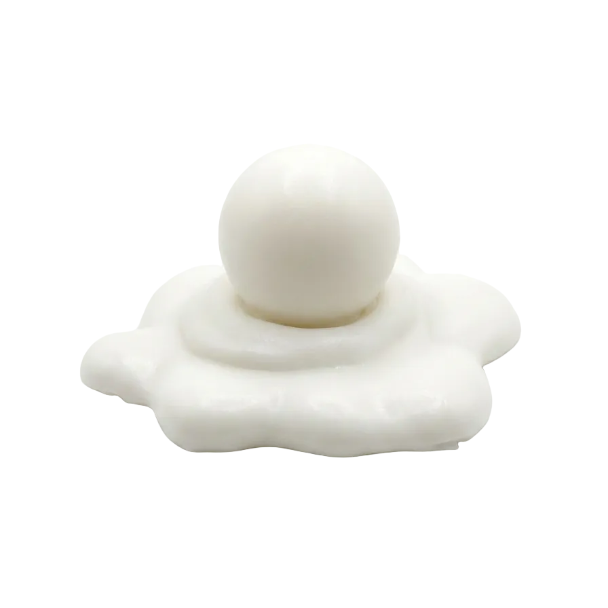 A white, sculptural product featuring a smooth melted snowman candle on a wavy, cloud-like base, photographed against a seamless light gray studio background.