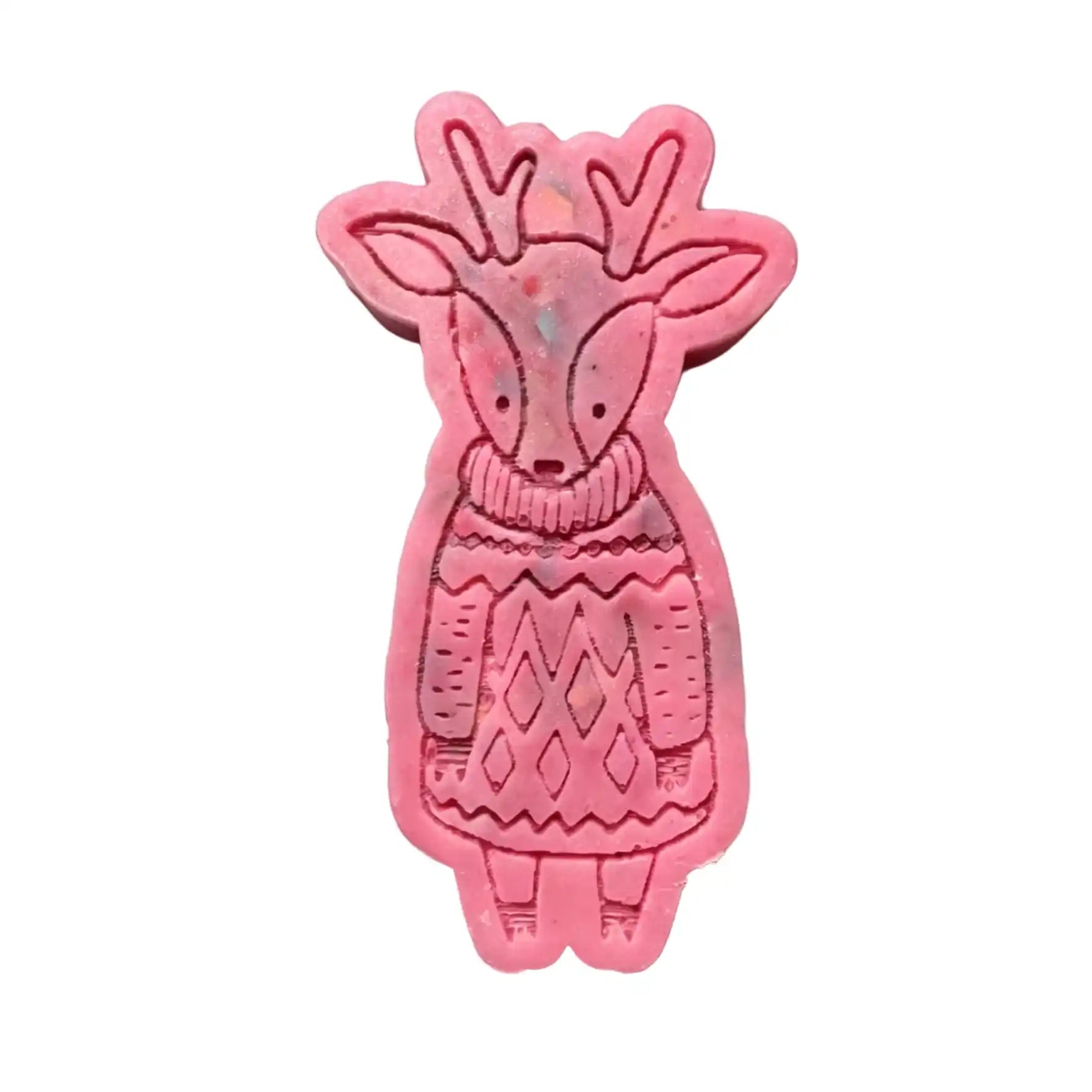 A pink deer-shaped  WAX MELT featuring a knitted sweater pattern, shown on a plain white background.