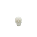 A small white skull figurine or candle holder centered on a plain light gray to white studio background. wax melt