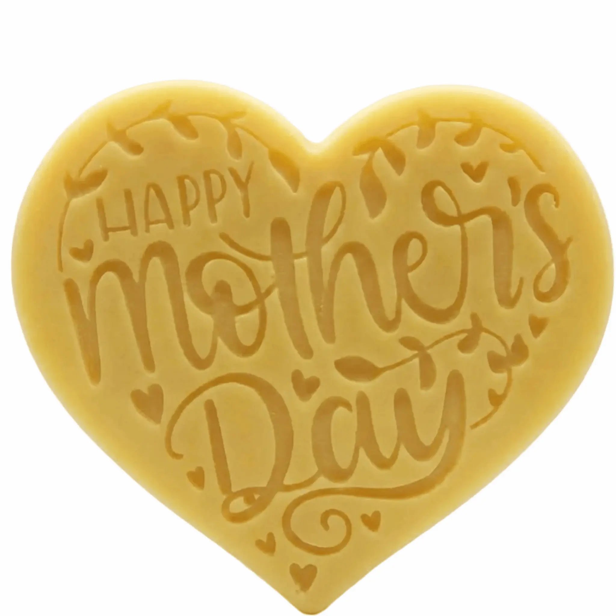 A heart-shaped yellow decorative wax melt with embossed lettering that reads 'HAPPY mother's Day' surrounded by small hearts and leafy details, shown on a plain white background.