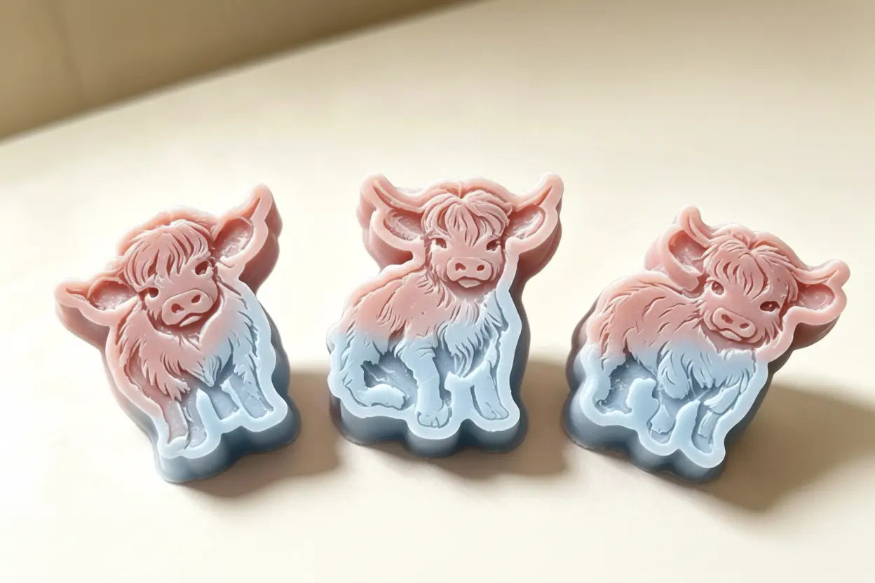 Three small wax melts shaped like baby cows, featuring a pink-to-blue gradient design, arranged on a light beige surface.