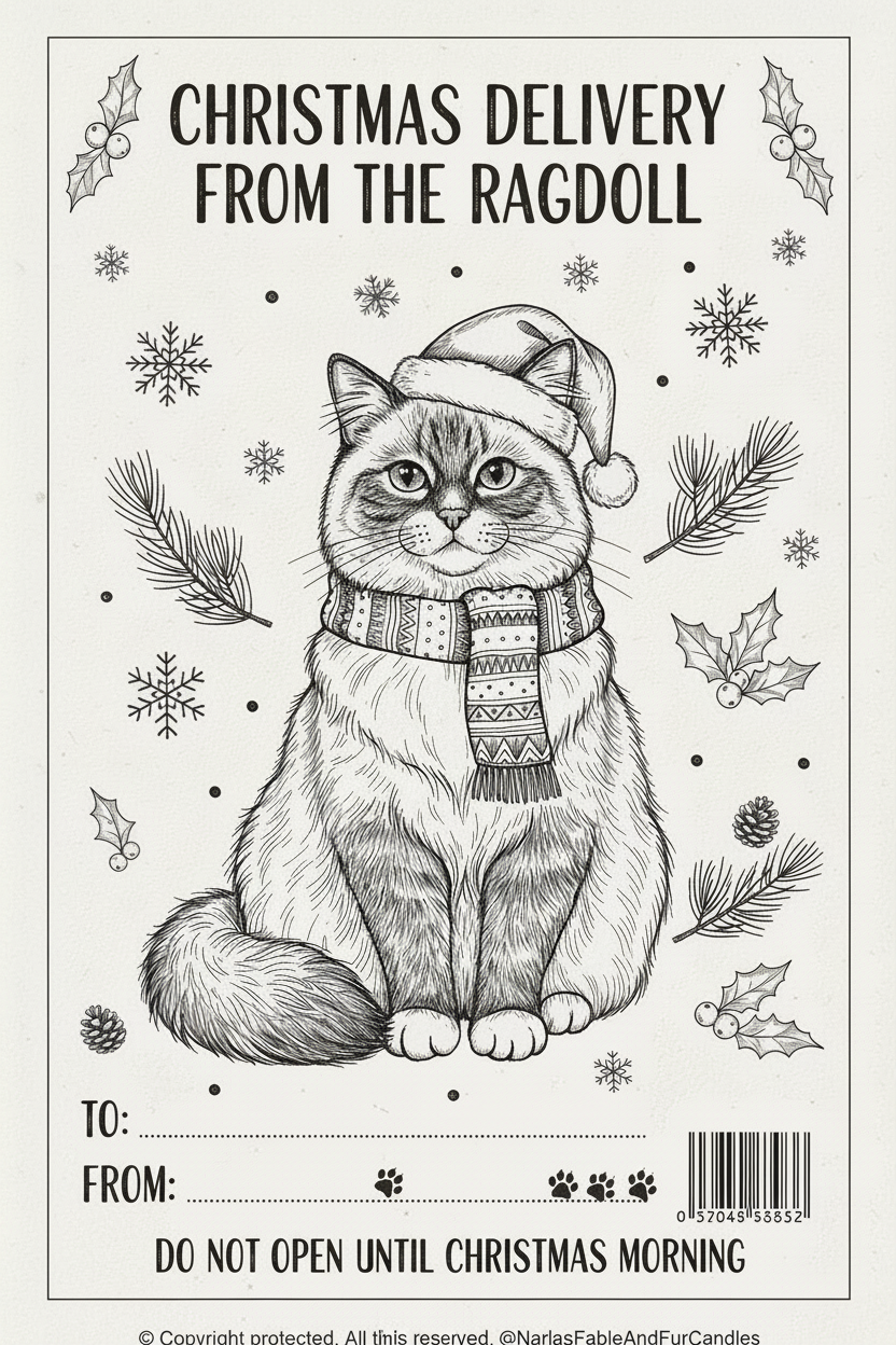 A Christmas-themed gift tag or card design featuring a black-and-white illustration of a cat wearing a Santa hat and patterned scarf, surrounded by snowflakes, holly leaves, pine branches, and the text 'CHRISTMAS DELIVERY FROM THE RAGDOLL' with fill-in lines for TO and FROM.