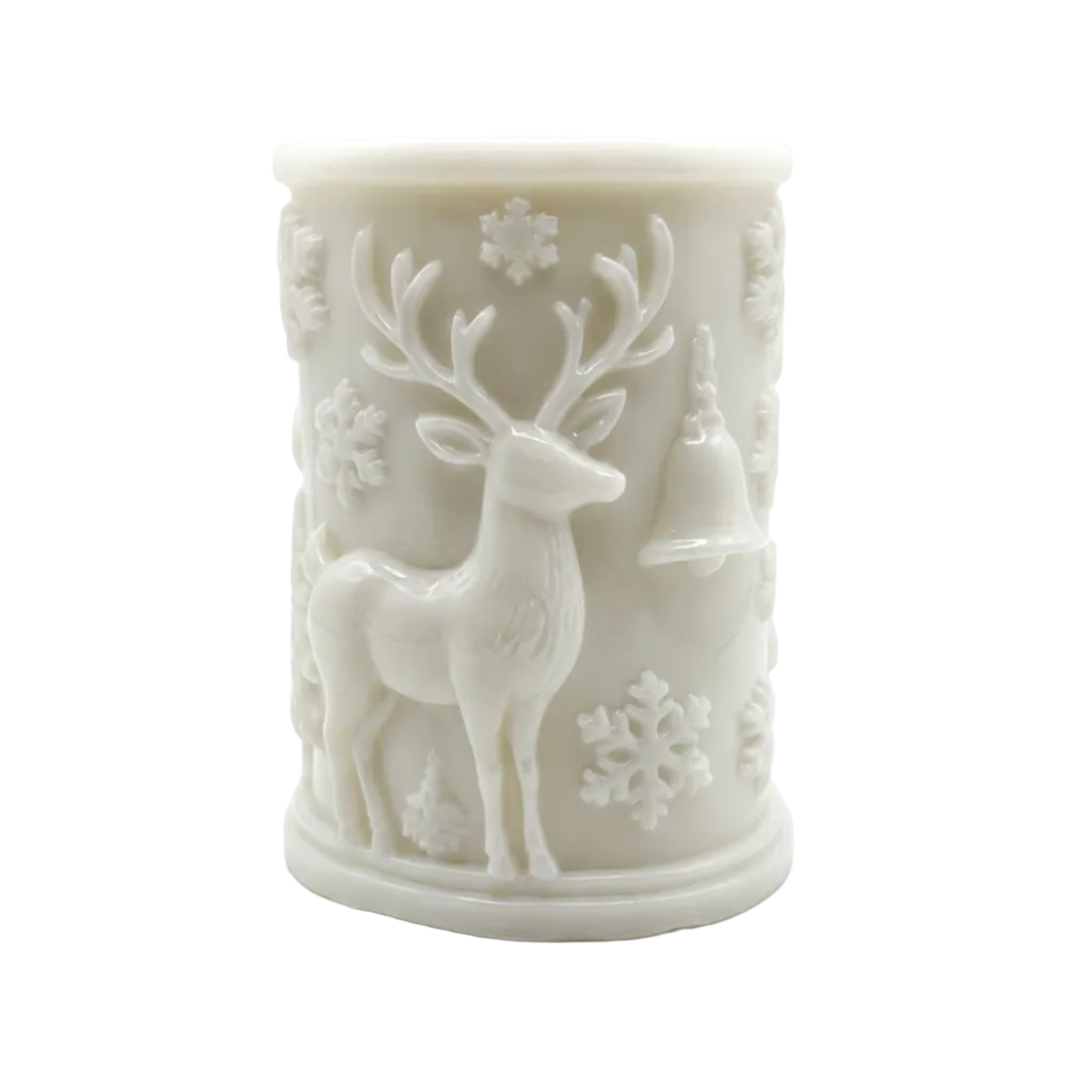 An off-white CANDLE featuring embossed holiday designs of a stag, snowflakes, and a bell, set against a plain white background.