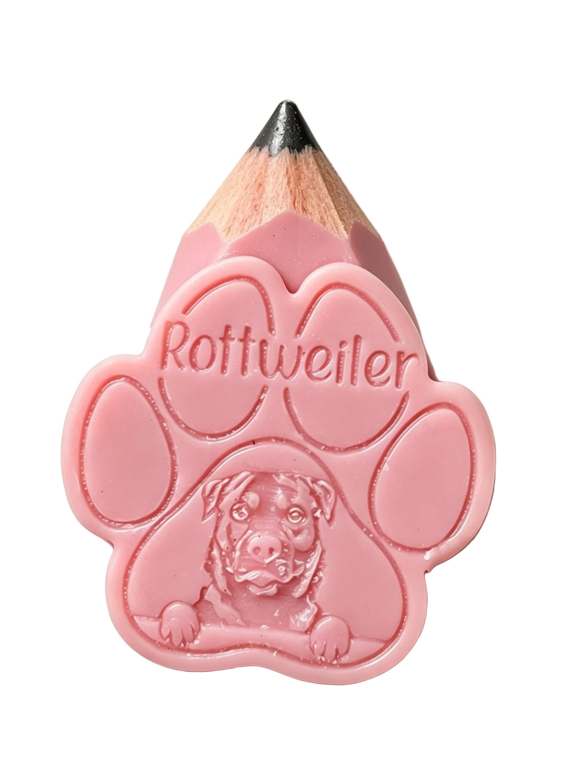 A pink paw-shaped Rottweiler  embossed with a Rottweiler dog face and the word 'Rottweiler', topped with a sharpened pencil point, shown on a white background.