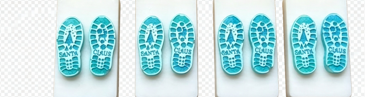 Four pairs of blue fsanta foot print boots was melts with white printed patterns, arranged on white rectangular stands against a white background with a faint grid pattern.