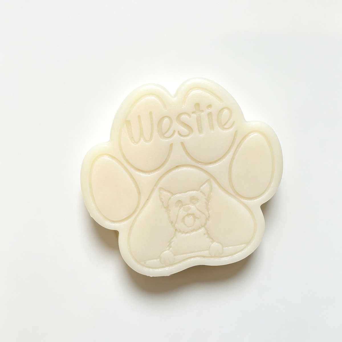 Paw-shaped Wax Melt with 'Westie/Scottie Dog' text on a white background