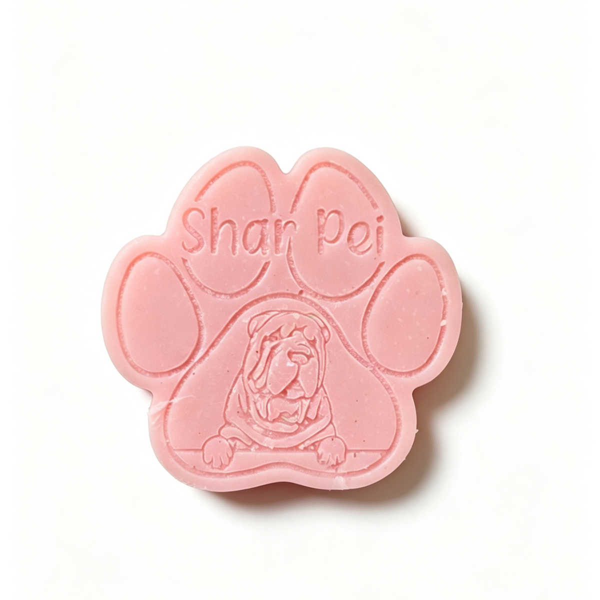 A pink paw-shaped Wax melt featuring an embossed Shar Pei dog illustration and the text 'Shar Pei' on the top pad, set against a plain white background.