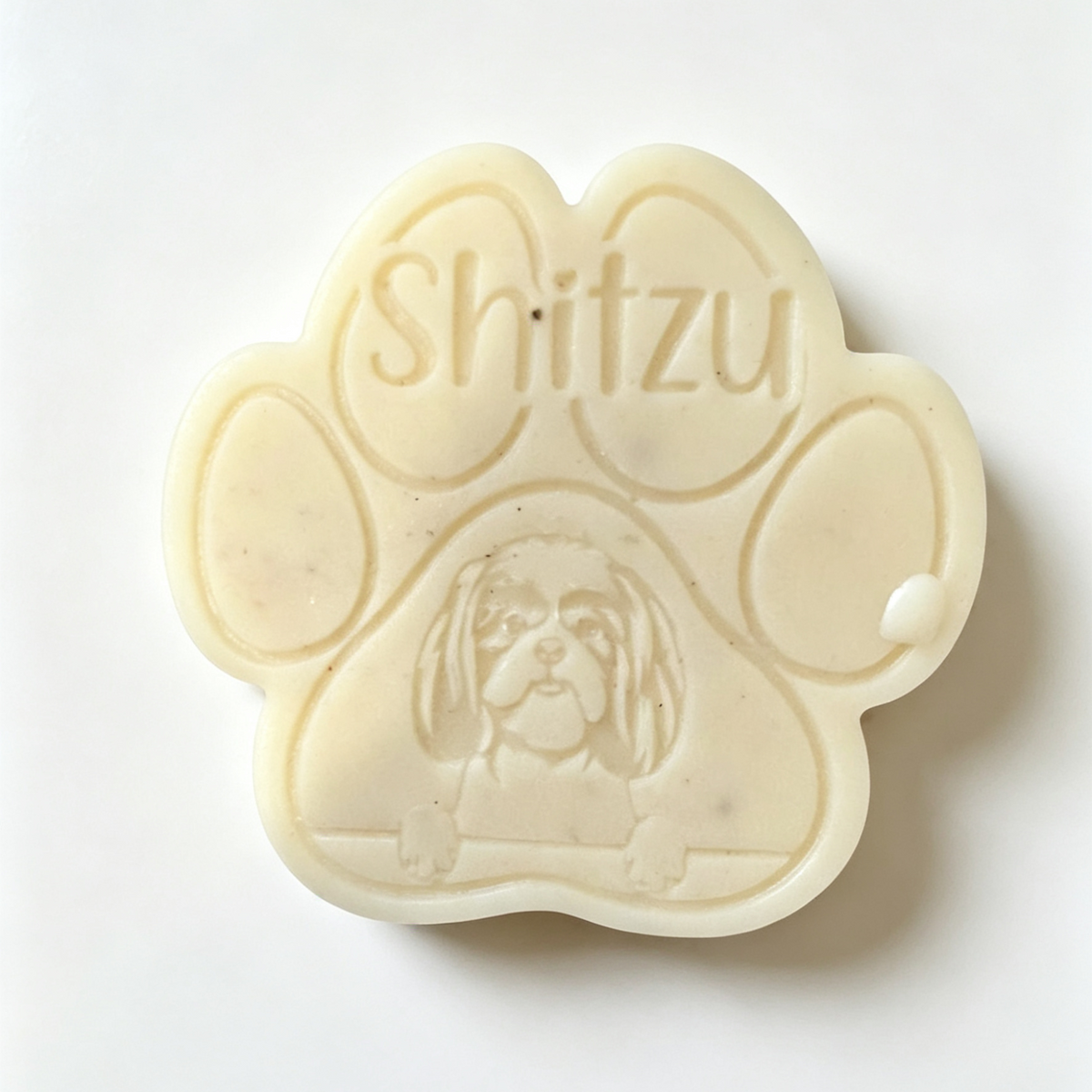 A paw-shaped cream-colored Wax melt featuring the word 'Shitzu' and an embossed Shitzu dog portrait, photographed on a plain white background.