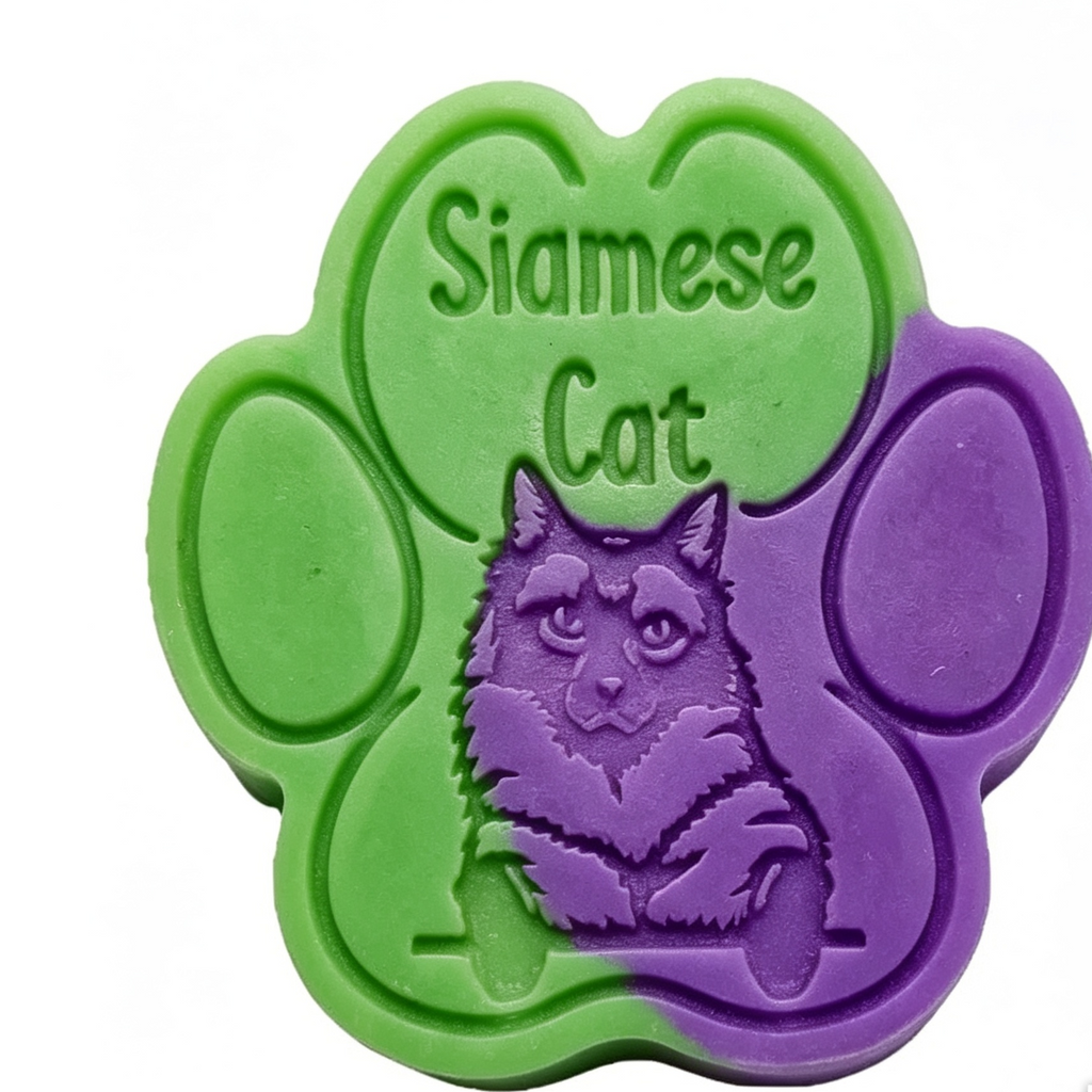 A paw-shaped soap bar split vertically into green on the left and purple on the right, featuring an embossed Siamese cat illustration and the words 'Siamese Cat' on the top green section.