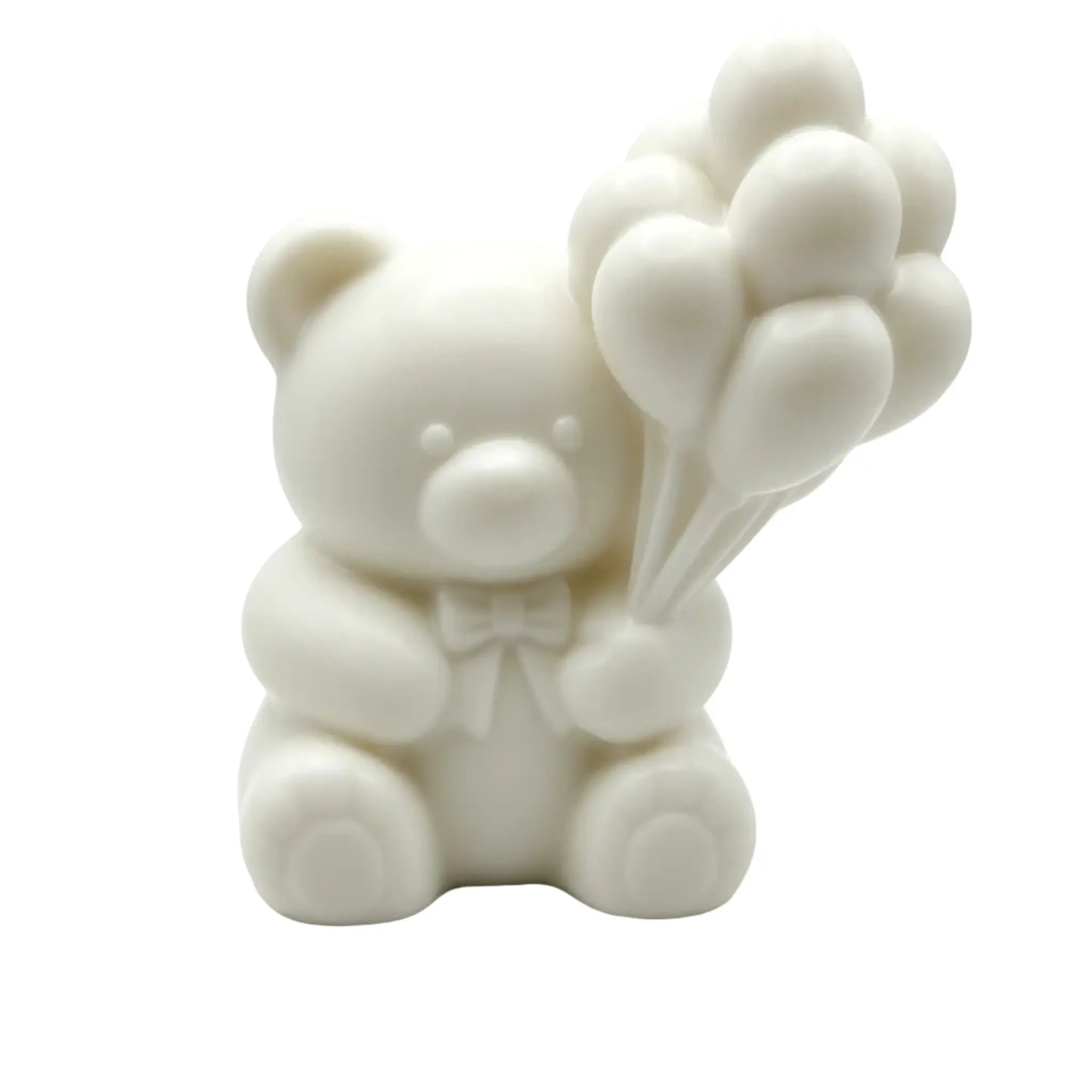 A white teddy WAX CANDLE holding a bunch of balloons, set against a plain white background.