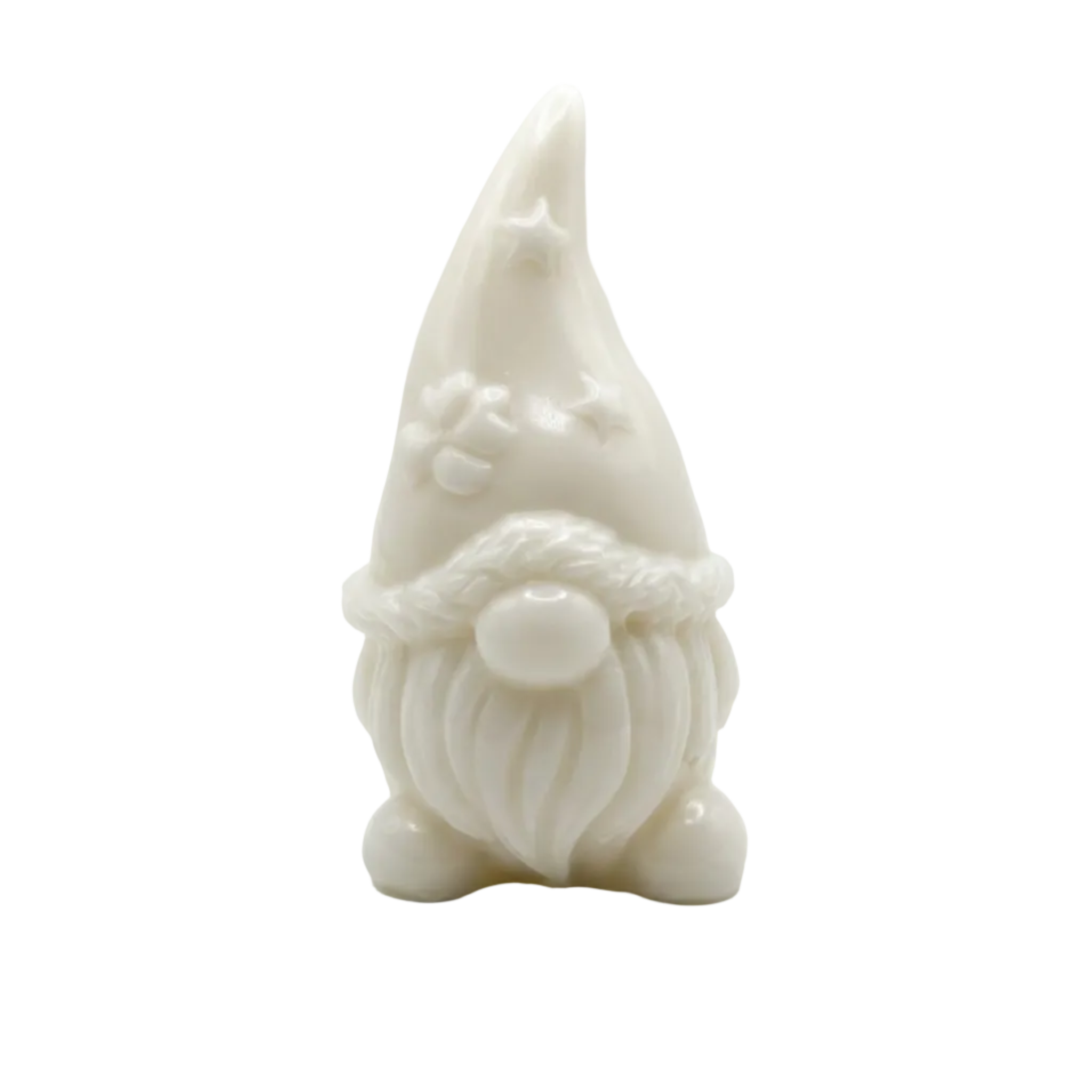 A small white gnome CANDLE with a tall pointed hat, fluffy beard, and a rope around its neck, photographed against a plain light gray to white studio background.