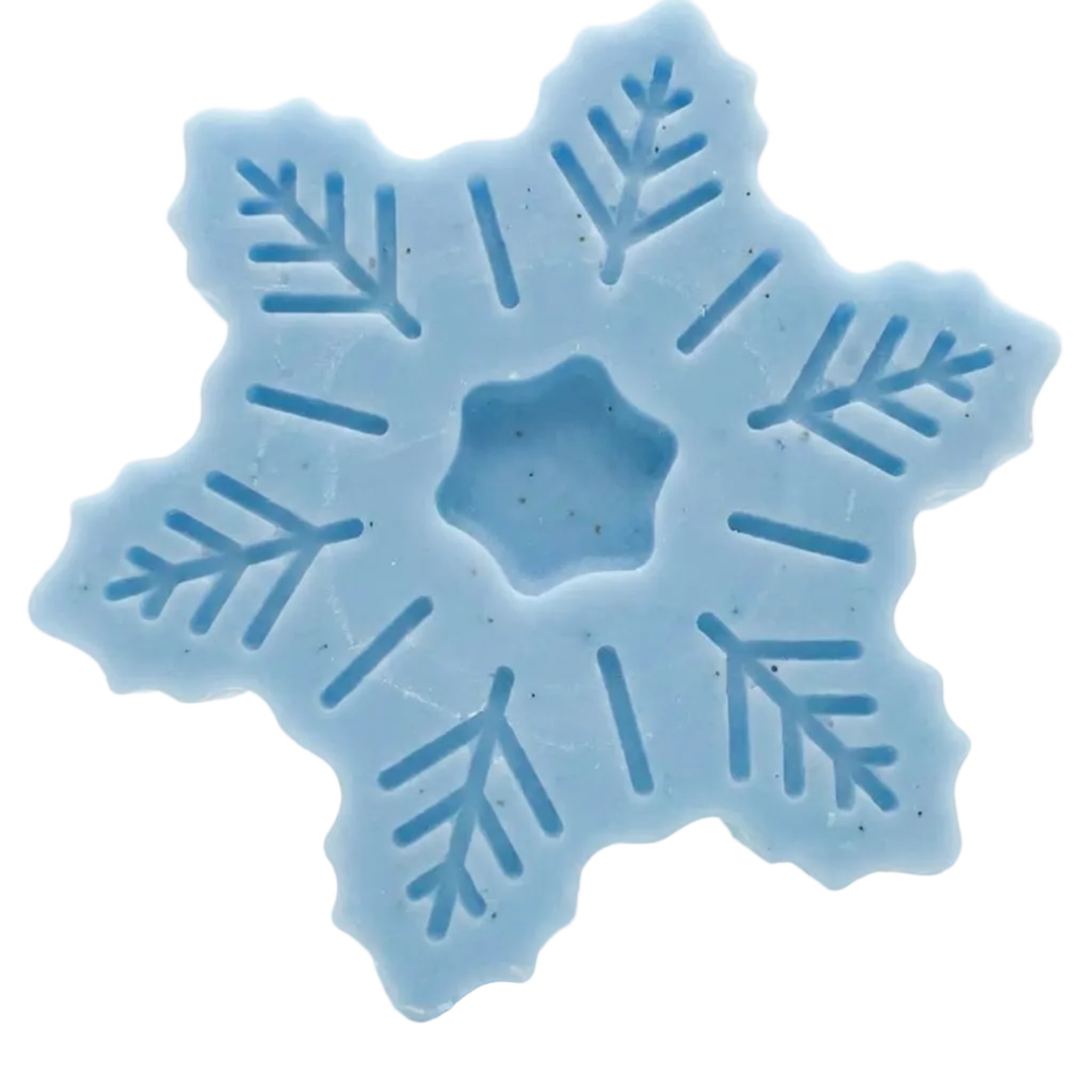 A light blue snowflake-shaped CANDLE / WAX MELT  with embossed leaf and line patterns, standing upright on a white background.