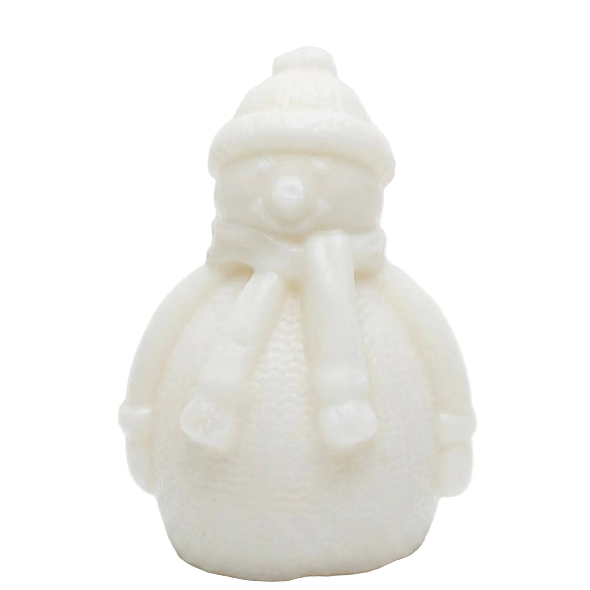 A small white snowman figurine with a textured knit hat, scarf, and body, standing against a plain white background. candle