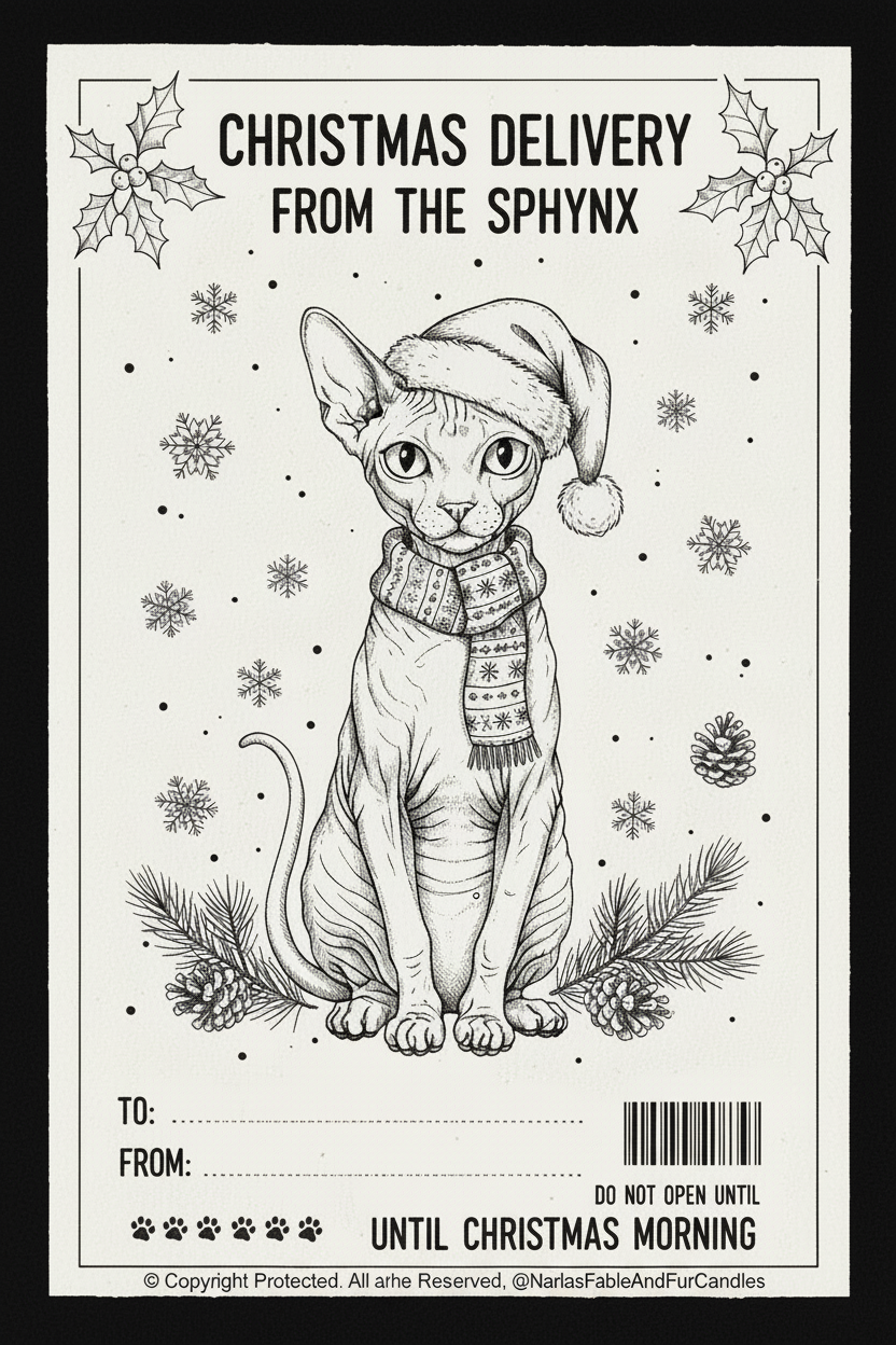 A Christmas-themed delivery card or gift tag featuring a black-and-white illustration of a hairless cat wearing a Santa hat and scarf, surrounded by snowflakes, pinecones, and holly. The top reads 'CHRISTMAS DELIVERY FROM THE SPHYNX,' with dotted lines for To and From and a barcode near the bottom right.